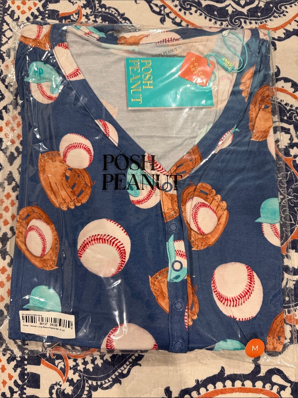 Posh Peanut Blue Baseball Print “Homer” Button-Up Pajama Set